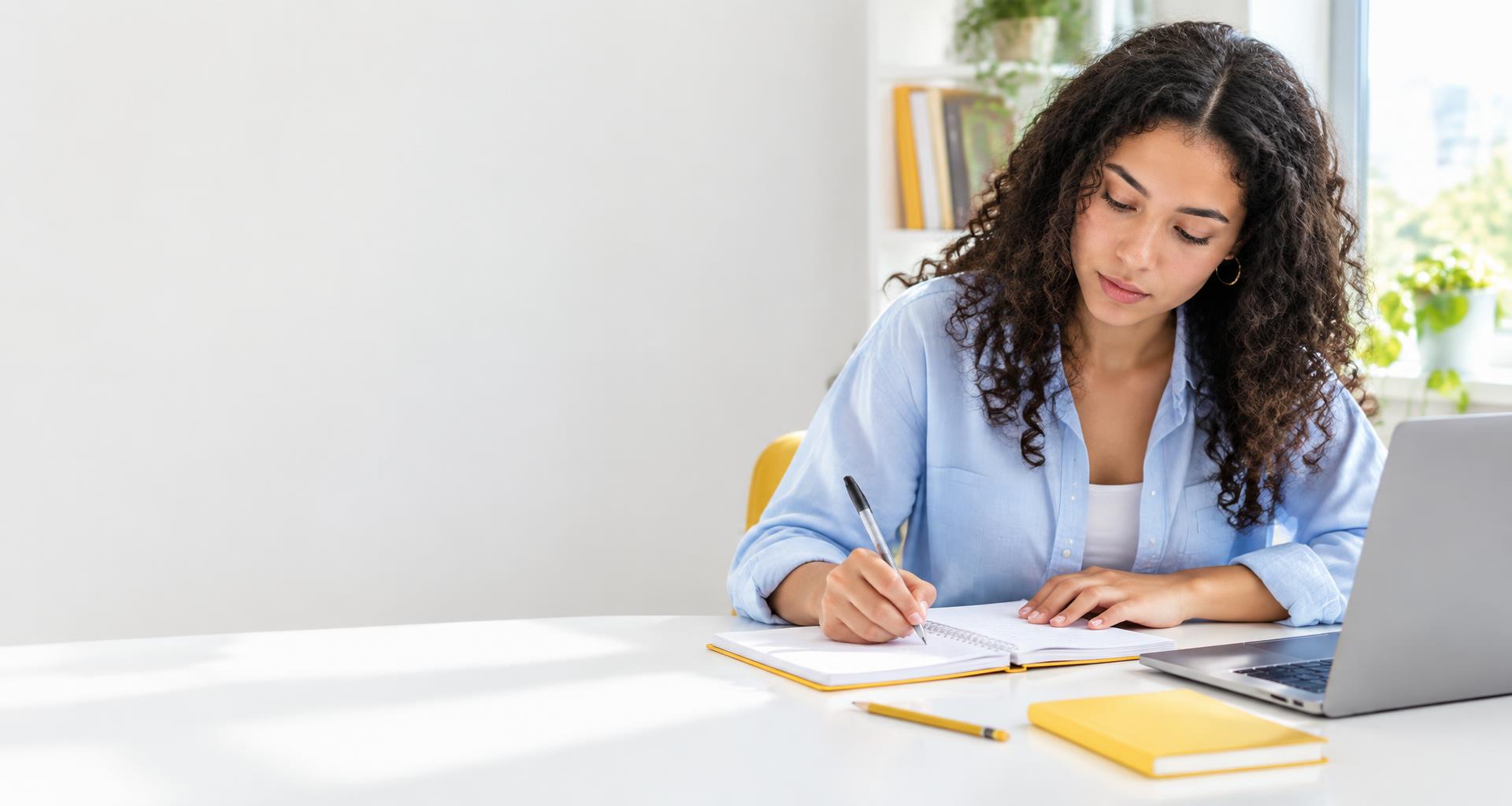 Estudante concentrada escrevendo em seu caderno em uma mesa de estudos